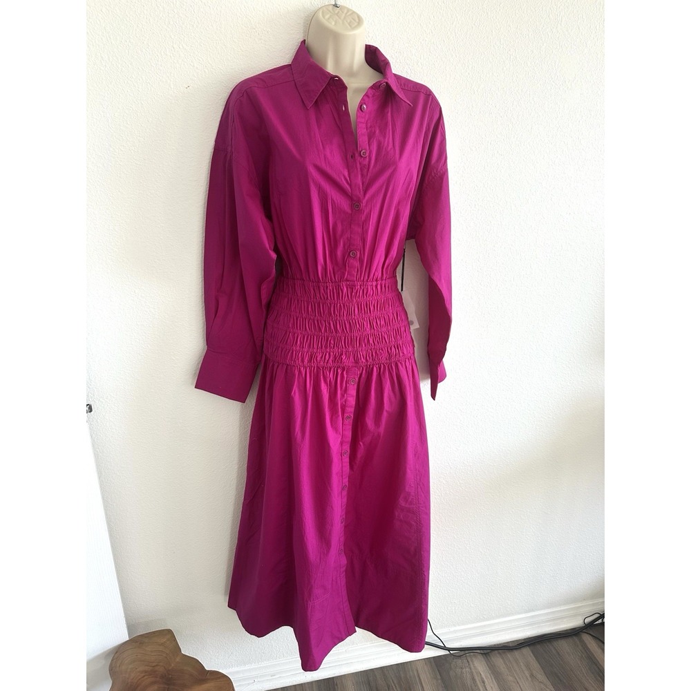 Apiece Apart Smocked Shirt Dress NWT Sz S Fuchsia Midi Cotton Poplin Collared - Picture 4 of 10